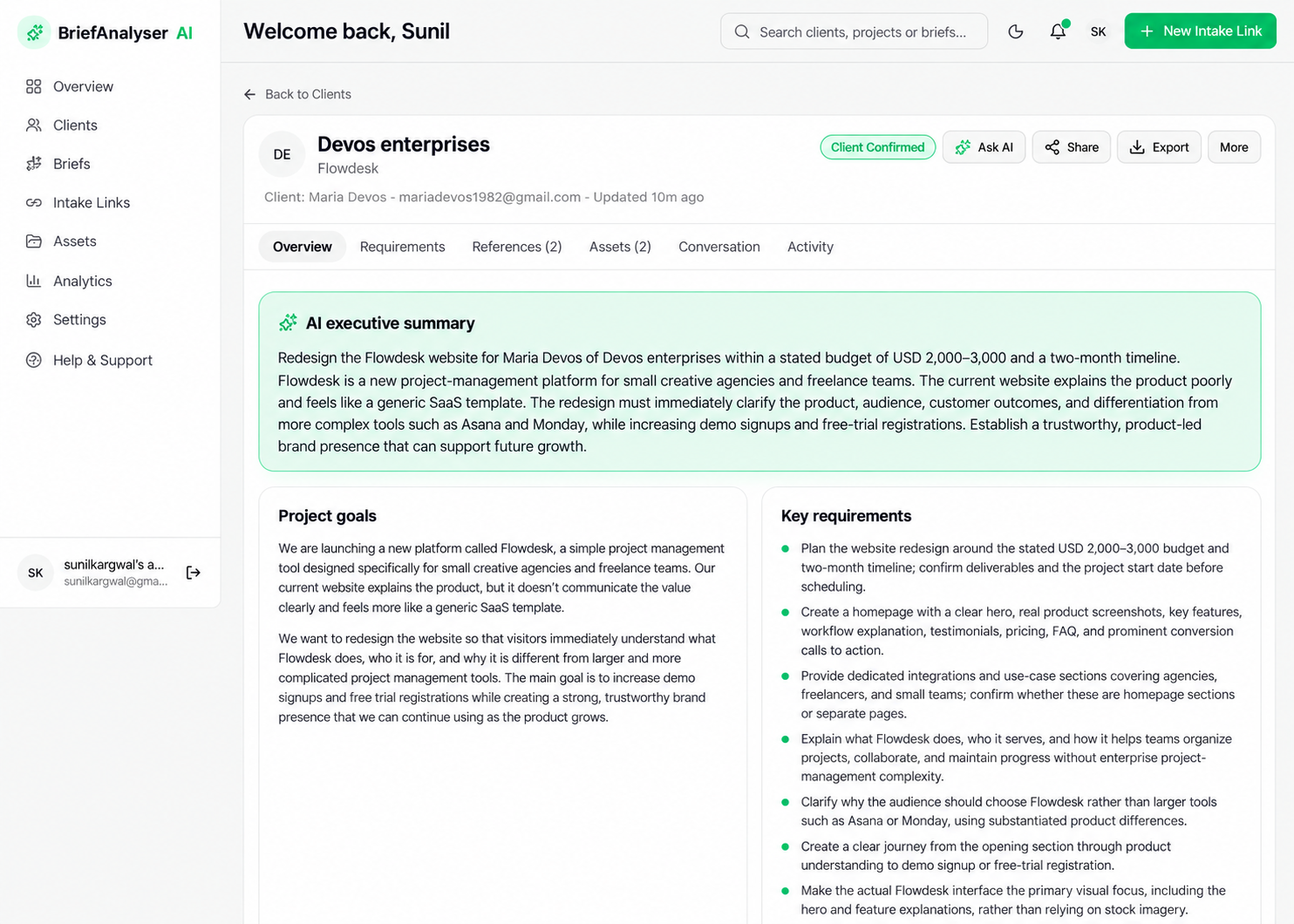 BriefAnalyser project workspace with a clear structured brief