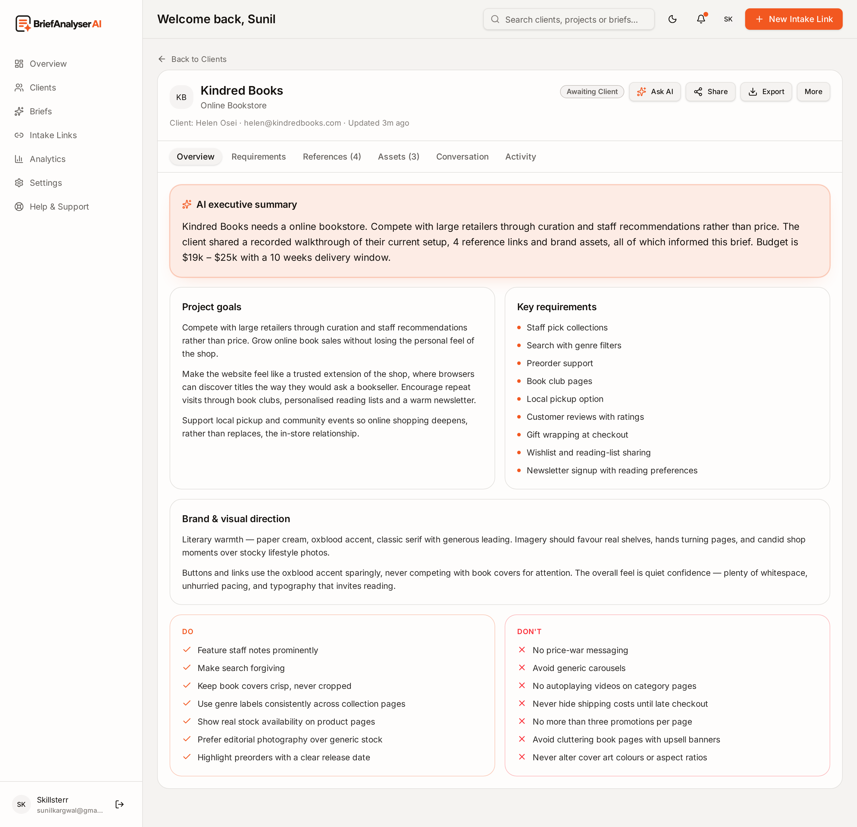 Kindred Books full project workspace showing every brief section